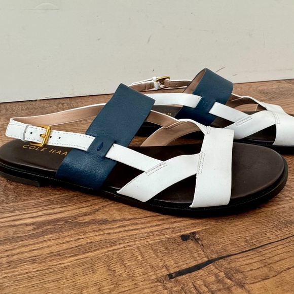 New Cole Haan Fawn Leather Sandals Blue White Slingback Women's Size 7.5 - Picture 1 of 9